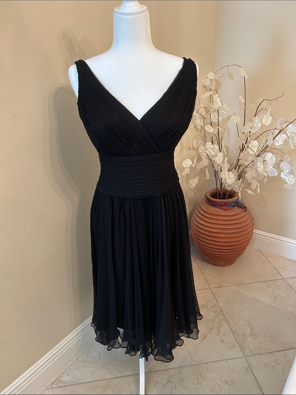 Tadashi Shoji Black V-Neck Pleated Chiffon Midi Dress